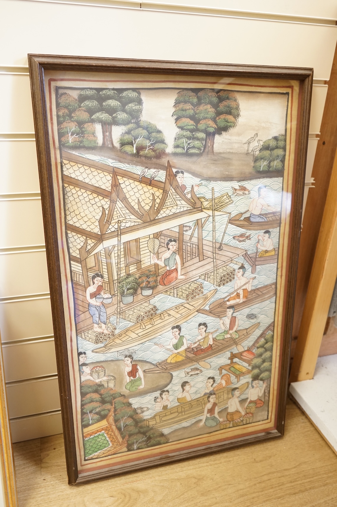 Four Persian and Indian Mughal style watercolours, to include one depicting an emperor and attendants, together with a decorative Chinese silk embroidery, largest 89 x 49cm